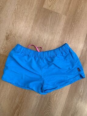 Patagonia Bright Blue Women’s Athletic Shorts with Pink Drawcord
